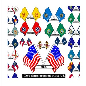 Alle 50 USA Flaggen, zwei Flaggen gekreuzt und Zustandsname. PNG-Dateien in ausgezeichneter Qualität zum Drucken aller Arten von Produkten.