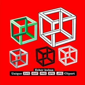 May include: Five different versions of an optical illusion of a cube, known as an impossible cube or Necker cube. The cubes are in black, white, gray, and green. The image includes the text "Echer kubus" and the words "Unique, SVG, DXF, PNG, EPS, JPG, Clipart".