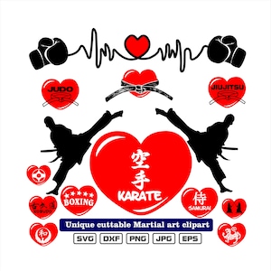 Puede incluir: Un corazón rojo con una línea de latido del corazón y guantes de boxeo a cada lado. El corazón tiene la palabra "KARATE" escrita en blanco con caracteres japoneses encima. Hay otros símbolos de artes marciales alrededor del corazón, incluyendo Judo, Jiu-Jitsu, Boxeo, KOBUDO, SAMURAI y un símbolo de paz.