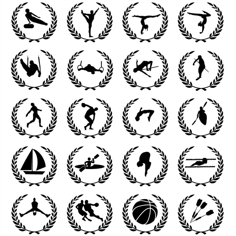 May include: A set of 16 black and white icons depicting various sports and activities, each enclosed within a laurel wreath. The icons include sports like basketball, swimming, kayaking, and gymnastics.