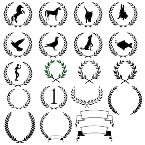 May include: A set of 16 black and white laurel wreath illustrations with various animal silhouettes, including a horse, cat, rabbit, fish, and bird. Some wreaths feature the number "1" and a blank banner.
