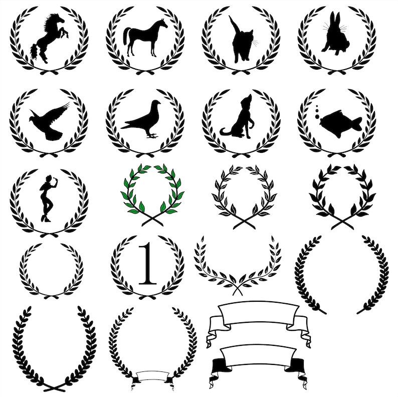 May include: A set of 16 black and white laurel wreath illustrations with various animal silhouettes, including a horse, cat, rabbit, fish, and bird. Some wreaths feature the number "1" and a blank banner.