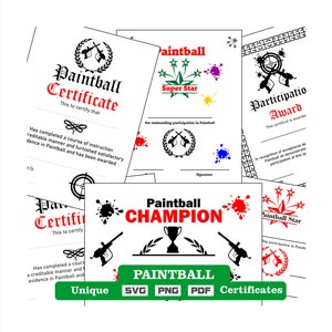 Einzigartige Paintball-Zertifikate als pdf-dxf-svg-png-Dateien zum direkten Ausdrucken oder Bearbeiten.