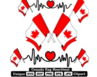 Pode incluir: Um design digital que apresenta uma bandeira canadense vermelha e branca com um gráfico de batimento cardíaco e o texto "Canada flag Heartbeat". O design também inclui as palavras "Unique, SVG, DXF, PNG, EPS, JPG, Clipart".