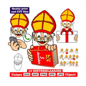 Fünfzehn einzigartige Sinterklaas Kunst als dxf-svg-png-eps-jpg Illustrationen zum Gravieren, Laserschneiden, Kleidung, Poster Sticker und mehr!