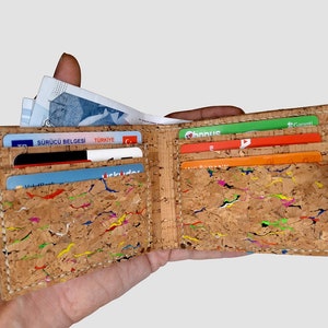 Cartera de tarjeta de crédito de cuero vegano, cartera de corcho delgada multicolor, cartera plegable ligera, billetera de color arco iris, regalo de Navidad libre de crueldad