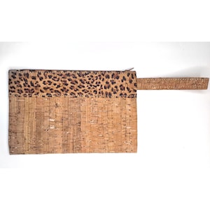 Bolso de mano de corcho con cremallera, clutch vegano, bolso de mano de corcho, monedero vegano, cartera ligera, bolso de mano de corcho con estampado de leopardo, neceser de corcho para maquillaje