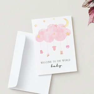 Willkommen in der Welt Baby Karte-Hallo Baby Karte-Neue Baby Karte-Digital Download- 5 x 7 oder 4 x 6 Druck- rosa Baby Mädchen Wolken, Sterne, Mond