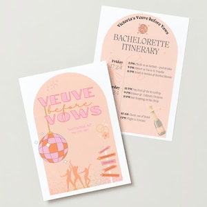 Veuve Before Vows Bachelorette Hen Itinerary Invitation Template, pink & orange Disco Bachelorette, Champagne, Veuve Clicquot, Rendez Veuve
