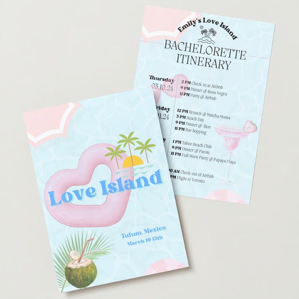 Love Island, Bachelorette Island Bachelorette Hen Invitation Itinerary Template- Customizable bachelorette template-