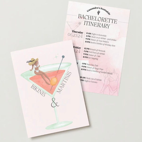 Bikinis & Martinis Bachelorette Hen Itinerary Invitation Template - Editable, Fun, and Ready for Your Ultimate Celebration!