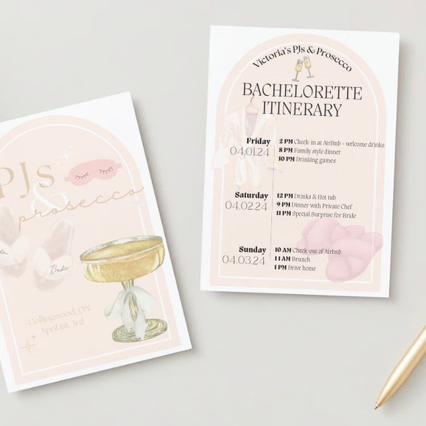 PJs and Prosecco Bachelorette Hen Invitation Itinerary Template- Customizable & fun pjs prosecco, bride slippers, eye mask, robe