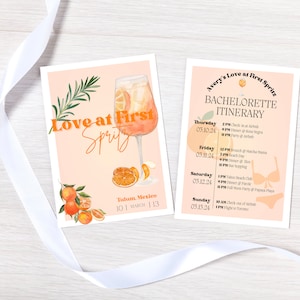 Plantilla de itinerario de invitación para despedida de soltera Love at First Spritz - Plantilla personalizable para despedida de soltera Aperol Spritz Descarga digital