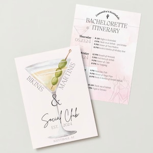 Bikinis & Martinis Social Club Bachelorette Hen Party Invitation and Itinerary Editable Template- bikinis and martinis theme