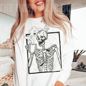 Skeleton Drinking Coffee Tee, Comfort Colors Long Sleeve T-shirt Death Before Decaf T-shirt, Cute Halloween Tee, Vintage Inspired T-shirt,