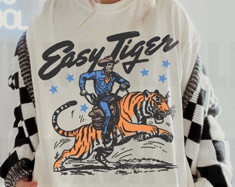 T-shirt tigre facile, t-shirt tigre facile, t-shirt cowboy, t-shirt couleurs confort, inspiration vintage, t-shirt unisexe, taille supérieure pour t-shirt surdimensionné