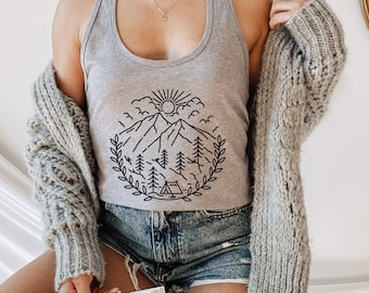 Floral Camp Tank Top, Camp Scene Tank, Camping Tank, Vintage Inspired, 70s style, Women's Fitted Tank, Boho Tank Top