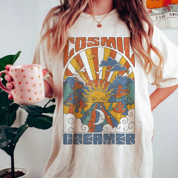 Kosmische Dreamer Tee, Peace T-shirt, Hippie Graphic Tee, Vintage Geïnspireerde Katoenen T-shirt, Unisex Tee, Comfort Kleuren T-shirt,