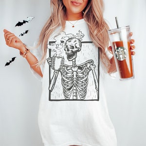 Skeleton Drinking Coffee Tee, Death Before Decaf T-shirt, Boho Tee, Vintage Inspired T-shirt, Comfort Colors T-shirt, Oversized Tee