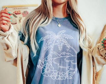 Floral Beach Scene Tee, Beach shirt,  Summer Vibes T-Shirt, Graphic Tee, Vintage Inspired T-shirt, Comfort Colors T-shirt, Oversized Tee