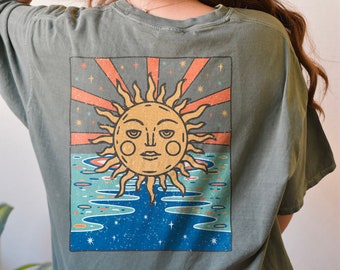 Camiseta Sun, Camiseta Sun, Camisa Boho, Boho, Celestial, Camiseta de algodão inspirada no vintage, Camiseta unissex, Camiseta com cores confortáveis, Camiseta grande