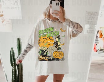 Koszulka „Sezon czarownic”, koszulka w wygodnych kolorach, koszulka „Czarownica na Halloween”, inspirowana stylem vintage, koszulka unisex, wybierz większy rozmiar, aby uzyskać koszulkę oversize