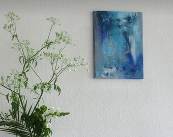 Original abstract artwork. Acryl mixed media on canvas. Small artwork in blues.