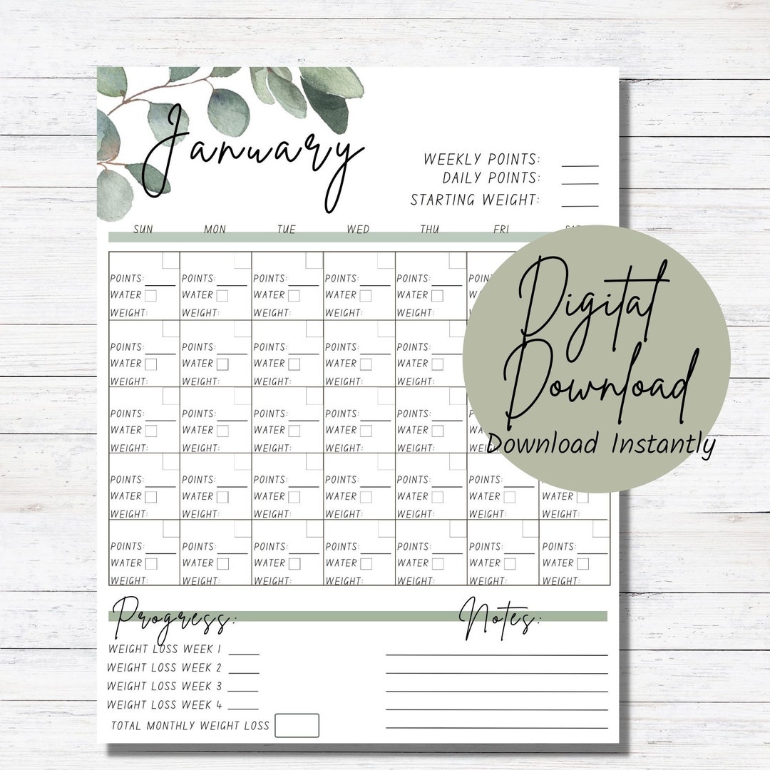 Weight Watchers Montly Points Tracking Printable, Point Tracker, Weight