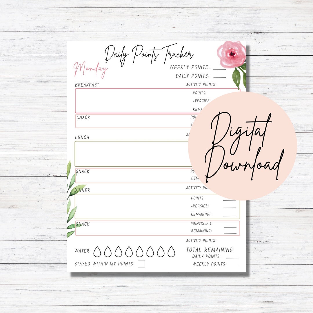Weight Watchers Daily Points Tracking Printable, Point Tracker Planner ...