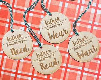 Set of 4 Personalized Wooden Gift Tags Something you Need, Something you Want, Something to Wear, Something to Read