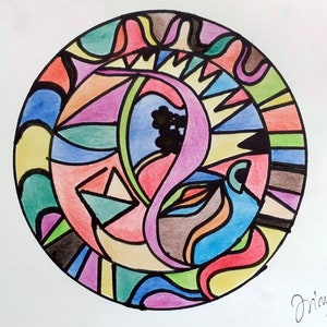 クレヨン画、円形画、紙に描いた絵、非具象画、抽象画、手作り、抽象画