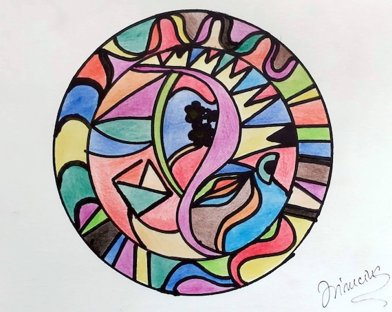 クレヨン画、円形画、紙に描いた絵、非具象画、抽象画、手作り