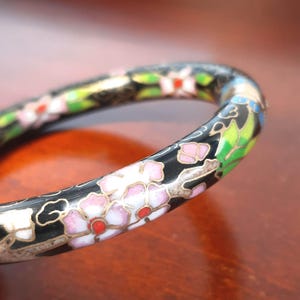 Cloisonne Bangle Bracelet, Vintage Chinese Enamel Floral Hinged Bangle, Black Gold Tone Thick Bracelet, Asian Jewelry Gift