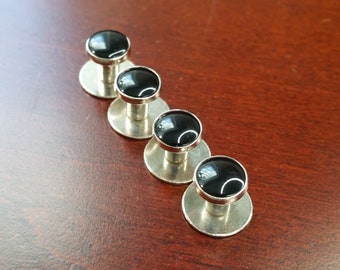 Vintage 4 Piece Tuxedo Shirt Studs, Silver Tone Metal and Black Accent, Tuxedo Accessory, Dress Cuff Link Shirt Stud for Wedding, Black Tie