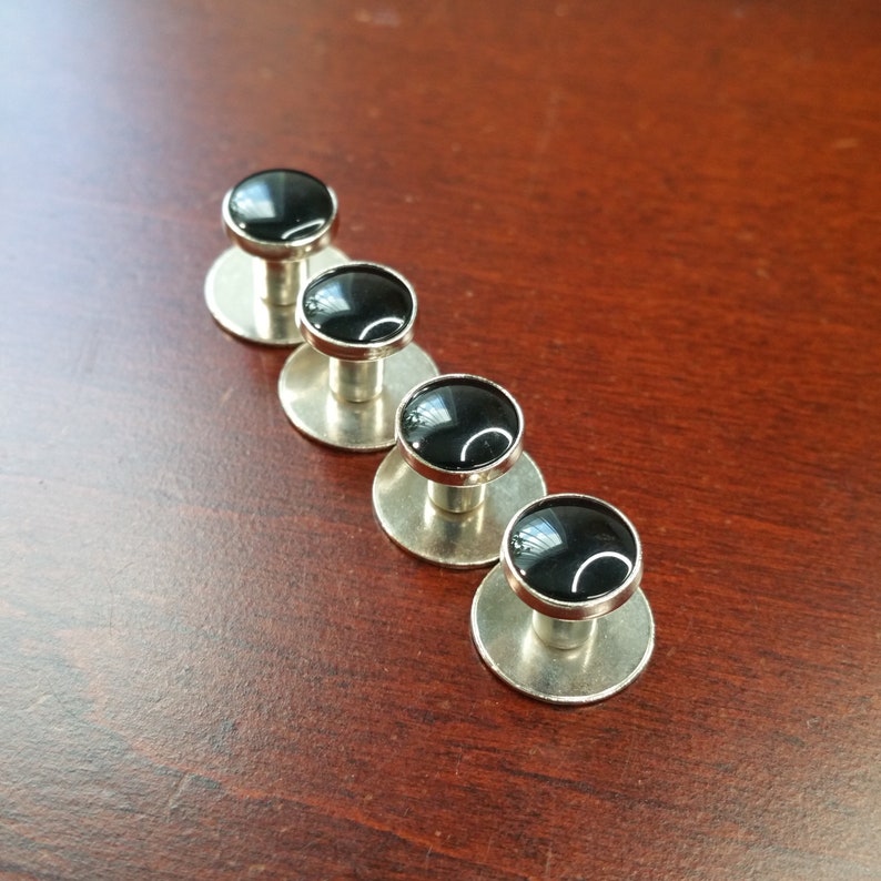 Vintage 4 Piece Tuxedo Shirt Studs, Silver Tone Metal and Black Accent, Tuxedo Accessory, Dress Cuff Link Shirt Stud for Wedding, Black Tie image 1