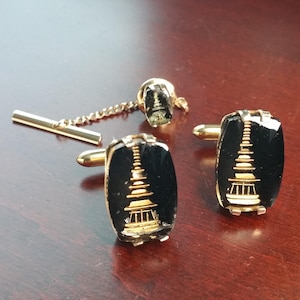 Vintage Pagoda Cufflinks & Matching Tie Tack, 1950&#39;s Reverse Intaglio Cuff Link Accessories, Asian Temple, Wedding Gift for Groom, Collector