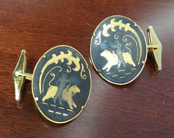 Vintage Damascene Cufflinks, Spanish Bull & Matador, 24k Gold Leaf, Spain Gold and Black Large Cuff Link Accessories, Gift for Wedding Groom