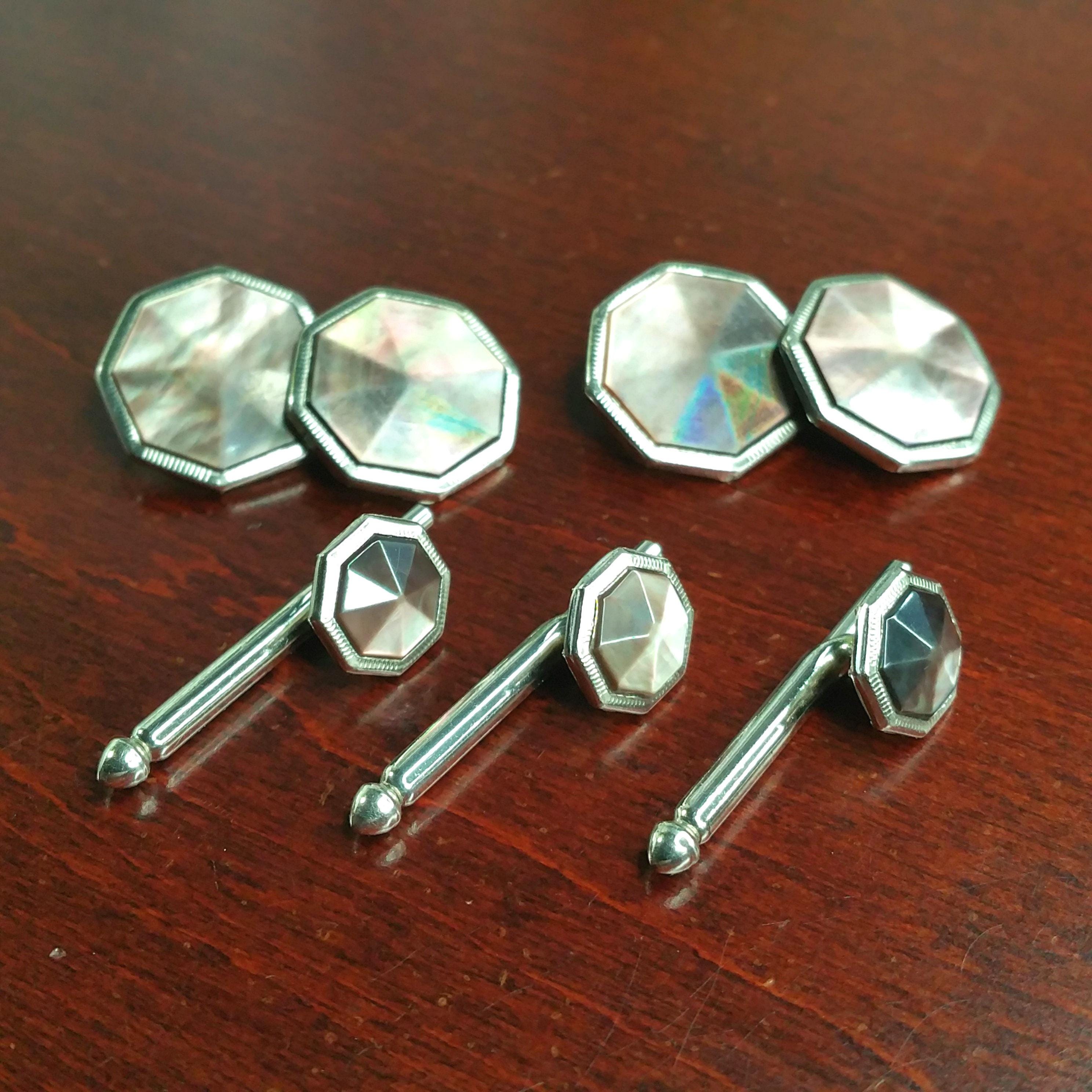 Antique Tuxedo Set, 1920's Swank Black Mother of Pearl, White Metal, Art Deco 5 Piece Formal Tux Buttons, Vintage Wedding Cufflink for Groom