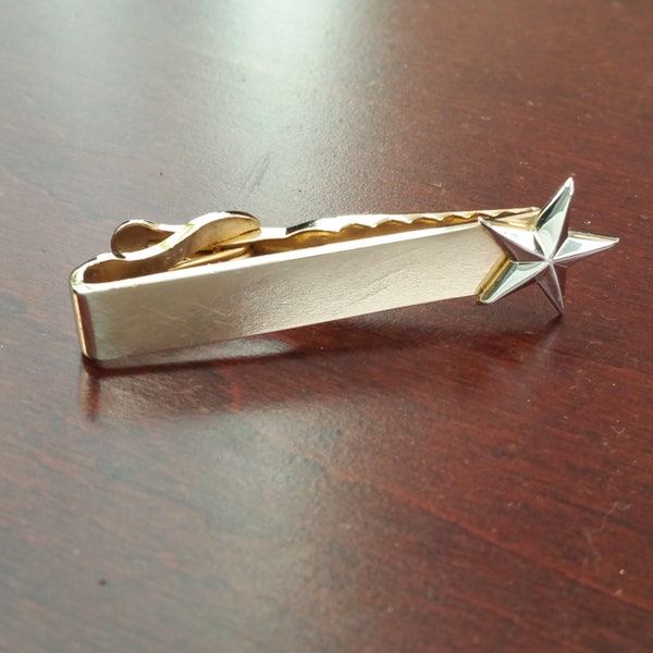 Vintage Star Tie Clip, 1960's Swank 3D Star Emblem, Mirror Polished Metal, Mid Century, Dual Tone Gold & Silver Tie Accessory for Groom Gift