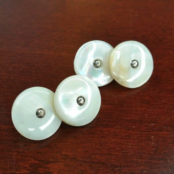 Vintage Cufflinks, Classic Round White Mother of Pearl Shell, Double Sided Cuff Link Accessories, Formal Suit Buttons, Tuxedo Shirt Studs