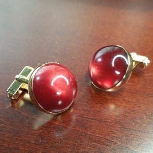 Vintage Cufflinks, 1940's Swank, Red Moonglow Lucite Cabochon, Gold Plated, Something Red, Formal Menswear, Wedding Groom Tuxedo Accessories