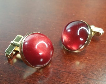 Vintage Cufflinks, 1940's Swank, Red Moonglow Lucite Cabochon, Gold Plated, Something Red, Formal Menswear, Wedding Groom Tuxedo Accessories