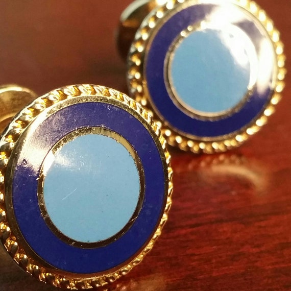 Vintage Cufflinks Gold Tone and Blue Enamel, Roun… - image 5