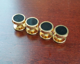 Vintage 4 Piece Tuxedo Shirt Studs, Gold Tone Metal, Glossy Black Enamel Tuxedo Accessory, Formal Button Stud Set for Wedding, Black Tie