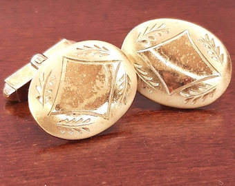 Vintage 12K Gold Filled Cufflinks, Hand Engraved Oval Design, Laurel Leaf & Diamond Pattern, Mid Century Men's Jewelry, Formal Gift for Him