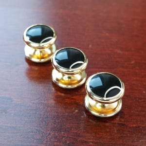 Vintage Tuxedo Shirt Studs, 3 Piece Gold Plated Metal, Glossy Black Enamel Tuxedo Accessory, Formal Button Stud Set for Wedding, Black Tie