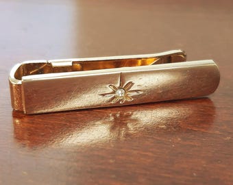 Spinka do krawata Vintage Atomic Starburst, wąska spinka do krawata Mid Century w kolorze złotym, 1,3 cala, minimalistyczne zapięcie z kryształkami, męski dodatek w stylu Mad Men