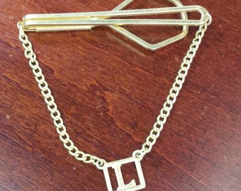 Vintage Tie Chain, 1930&#39;s Swank Retro Tie Bar, Monogram Letter L Pendant, Gold Plated Formal Tie Accessory, Personalized Initial F Name Gift