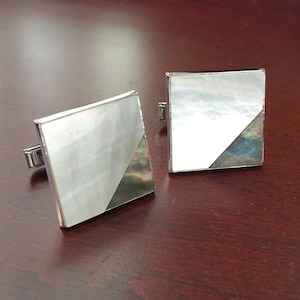 Vintage Mother of Pearl Cufflinks, 1950&#39;s Flashy White & Black Abalone Shell, Large Square Suit Accessories, Chunky Buttons, Formal Gift