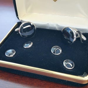 Vintage Tuxedo Cufflinks and Studs, 6 Piece Tuxedo Set, Formal Silver and Black Enamel Tuxedo Accessory, Shirt Studs for Wedding, Black Tie